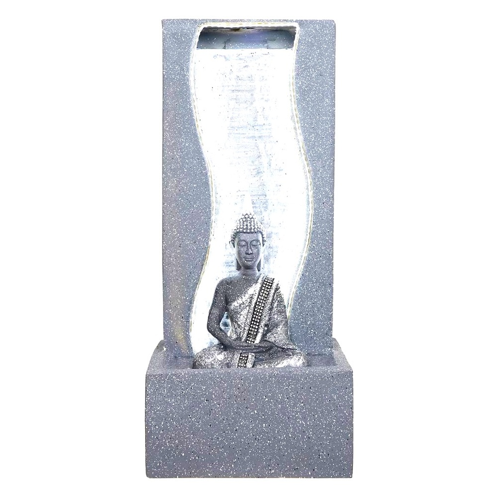 Grey Silver Table Top Meditating Buddha Water Fountain Led Light and Water Pump